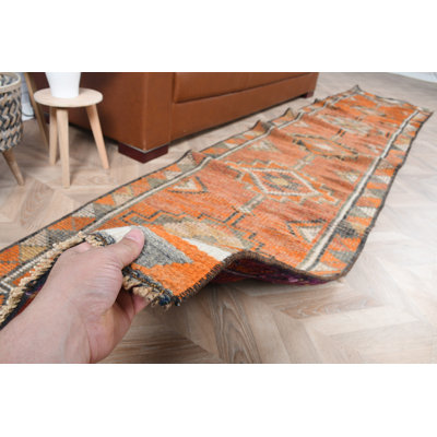 Herki Turkish Vintage Runner Rug in Vibrant Orange Wool for Kitchen and Hallway Use
