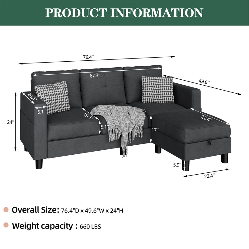 Serio Convertible Sectional Sofa Couch, L Shaped 3 Seater Sofa Couch with Storage Ottoman and Side Pockets, Black Fabric