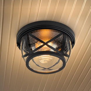 2-light Black Outdoor Indoor Flush Mount Ceiling Light With Seeded Glass