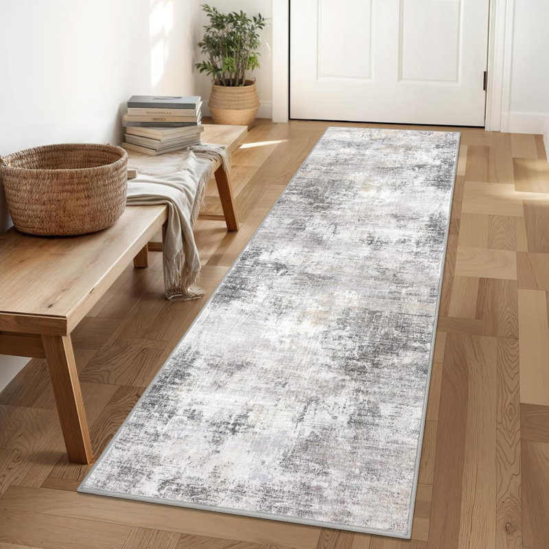 Tapis de cuisine abstrait lavable, Gris cendre, beige, Tapis de couloir 2 pi x 6 pi