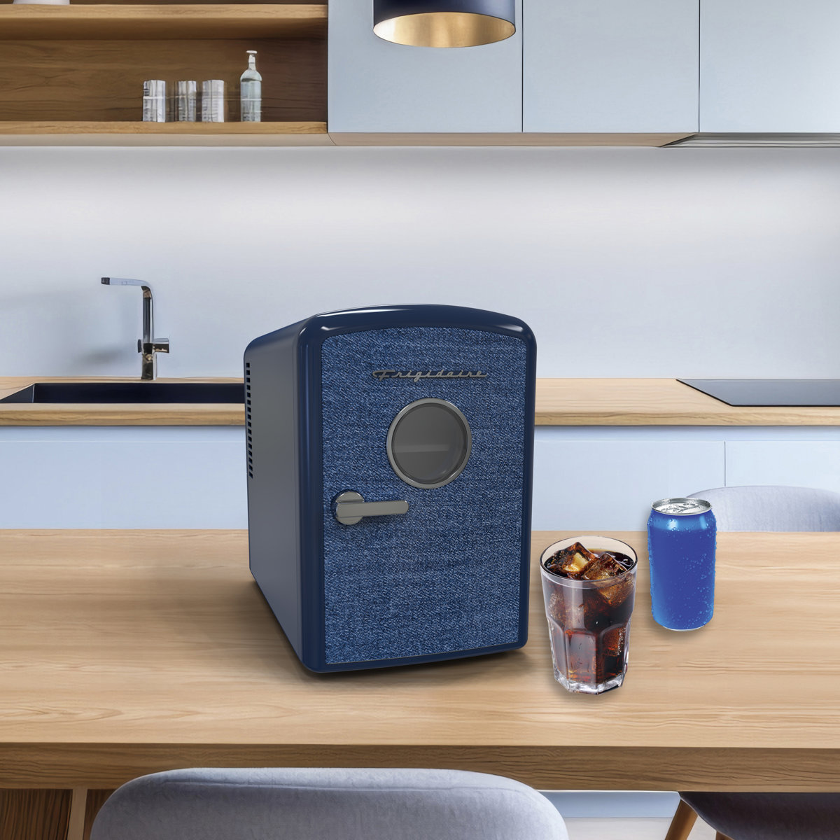 Frigidaire - Retro Mini Personal Fridge Cooler, Holds 9 Cans, Portable- Car, Office, Bedroom, Dorm, Cabin, Indigo Denim - Blue | Fridge.com