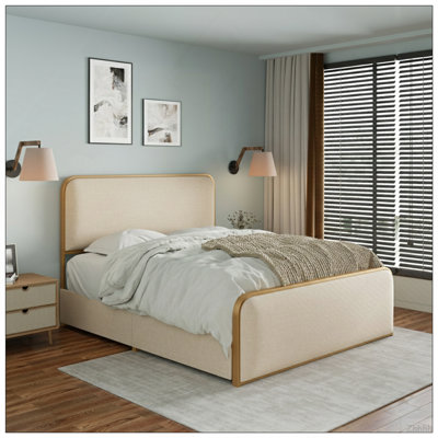 Cadre de lit en métal doré moderne avec tête de lit tapissier courbée et pied de lit avec 4 tiroirs de rangement, lattes métalliques robustes, grand lit, beige