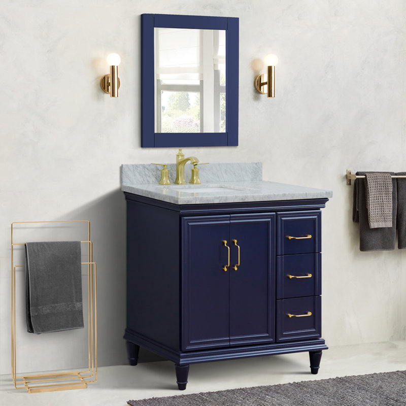Ensemble de meuble-lavabo simple 37 po Lindisfarne, Bleu, Marbre de Carrare blanc