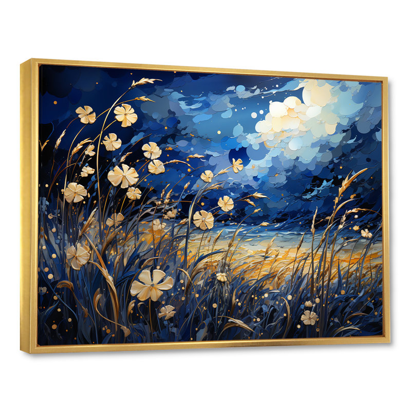 Coquelicots bleu marine - prairie, art mural, H 34 po x l 44 po x P 1,5 po, Cadre flottant doré