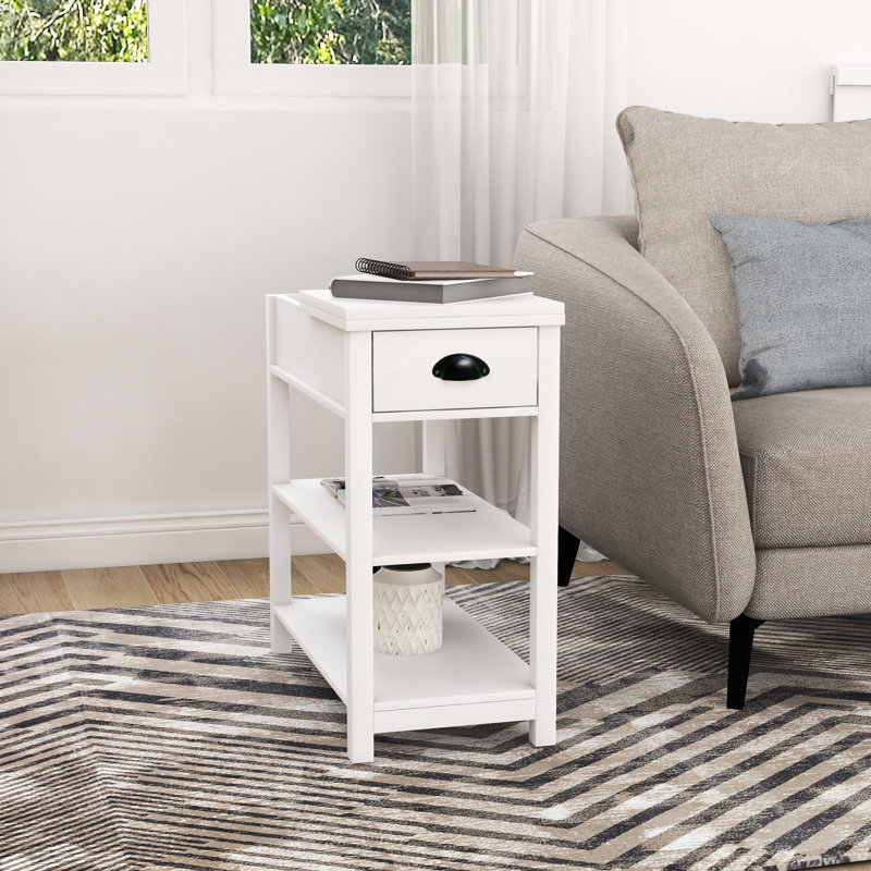 Table d'appoint étroite en blanc avec tiroirs et cloison inférieure, tiroirs de cloison de construction, traités, pour bureau