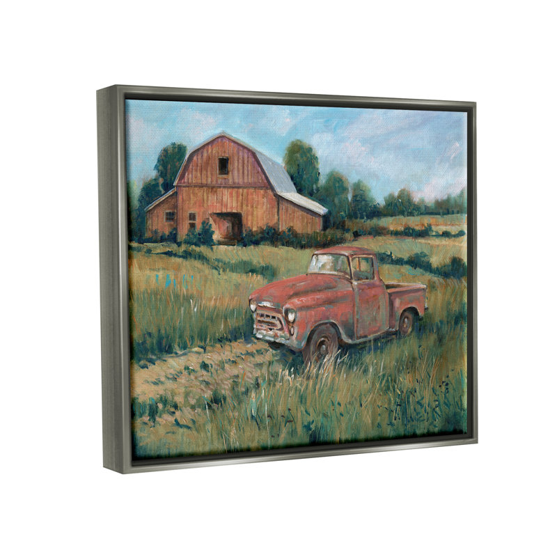 «Red Pickup Truck» par Tim Otoole - peinture sur toile, H 25 po x l 31 po x P 1,7 po, Cadre flottant gris lustré