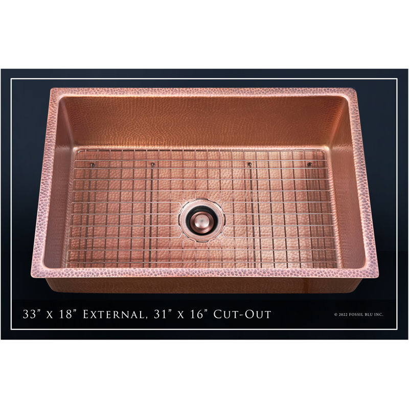 Fossil Blu Luxury 33" 12-Gauge Hammered Copper Undermount/Drop-In Sink, Medium Patina, Incl Accs