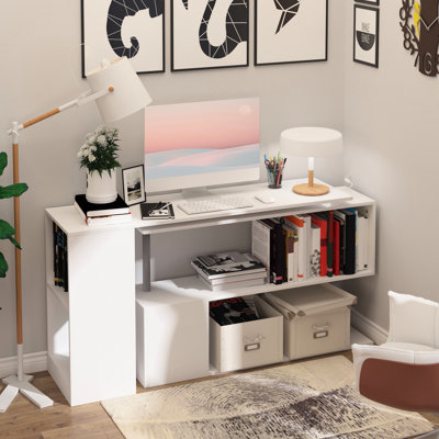 Bureau rotatif moderne en forme de L de 55 po avec 3 tablettes de rangement, poste de travail blanc pour la maison, chambre à coucher peu encombrante, salon, tablette d'ordinateur, bureau à domicile,