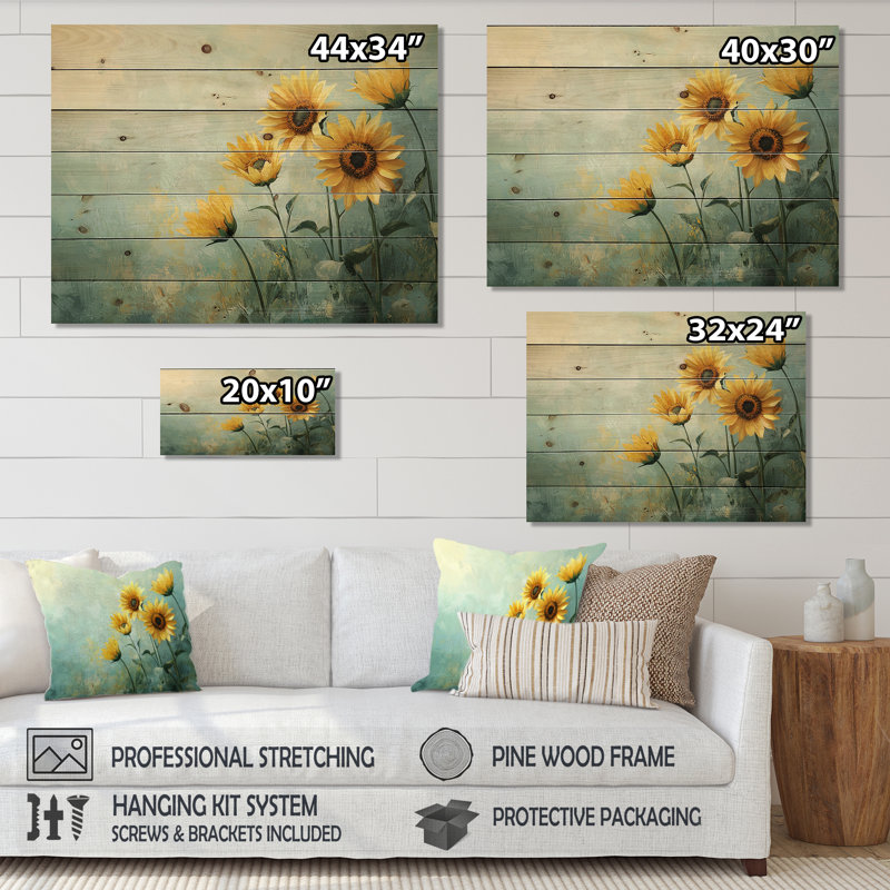 Country Side Sunflowers Field Sky Horizon III - Sunflowers Wood Print - On Natural Pine Wood, 30" H x 40" W x 0.78" D