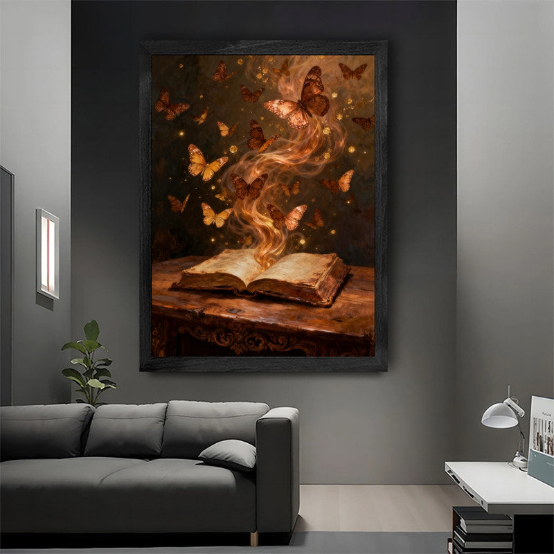 Reproduction d'art encadré noir avec papillon doré et livre mystique, H 11 po x l 9 po