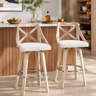 Charlotte 30" Farmhouse Fixed-Height Barstool With Swivel In White Washed Wood, Cream Fabric And Round Chrome Metal Footrest By Lumisource - Set Of 2