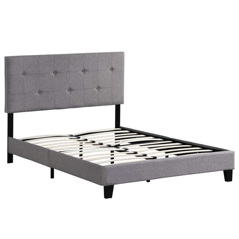 Structure de grand lit avec tête de lit en lin, gris, sans sommier, support à lattes de bois, assemblage facile, capacité de charge de 500 lb, lit gris moderne, tissu de 82,82 po Profondeur