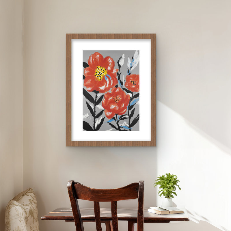 «Pink Flowers with Blue Leaves - Gray», reproduction encadrée