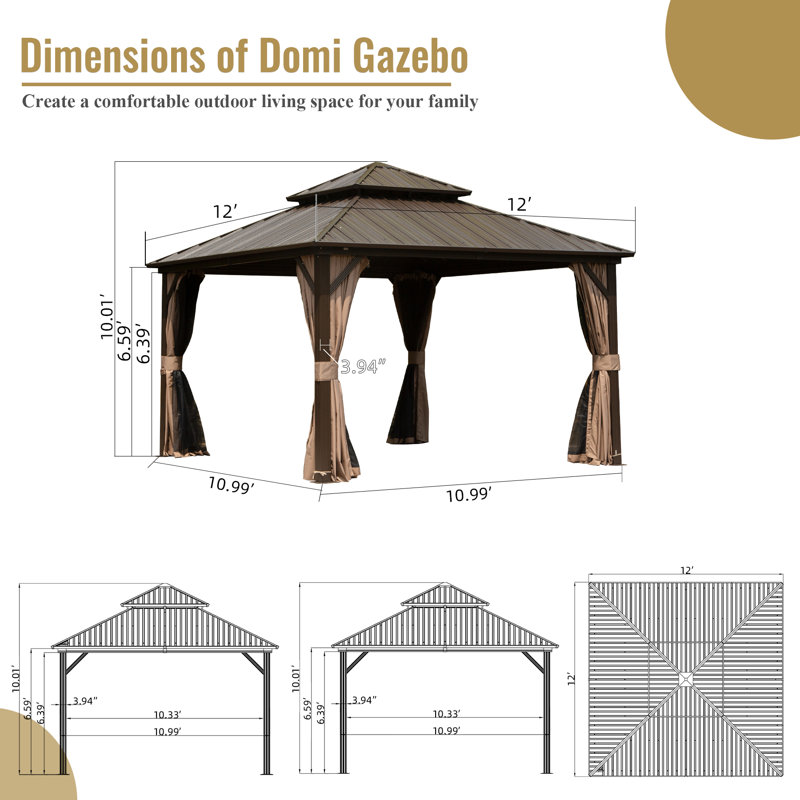 12 pi. L 12 pi. D Pavillon de jardin en métal galvanisé avec toit double en pente