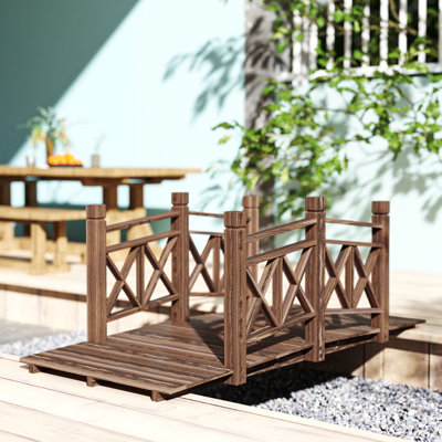 5 ft. Wooden Garden Bridge with Safety Rails, Backyard Bridge Footbridge for Ponds, Creeks, Streams, Nature Wood