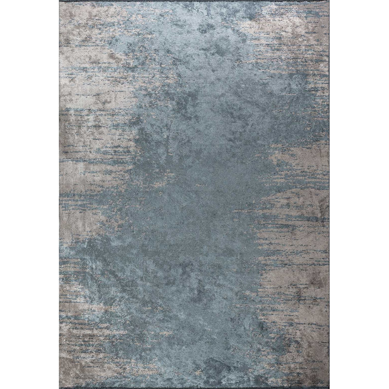 Tapis bleu / beige en coton à tissage plat abstrait Rapture, Rectangle 7 pi 10 po x 11 pi 2 po