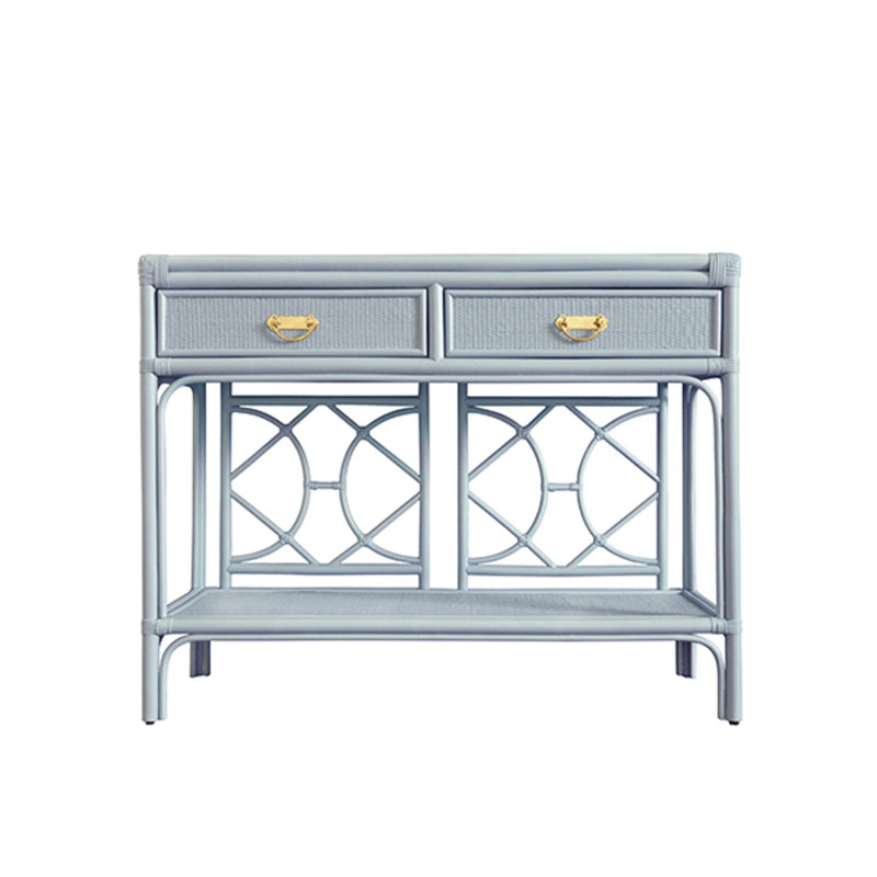 Two Drawer Console with Decorative Back Rattan, Blue