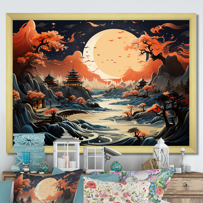 «China Mountain and River Landscape Bliss II», art mural Chine, Cadre d'angle fermé doré, H 12 po x l 20 po x P 1 po