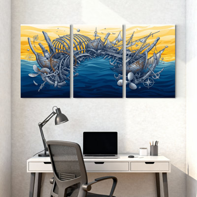 Nautical & Beach Steampunk Ship Wreck Ocean Artwork Set of 3 Canvas Wall Art Prints