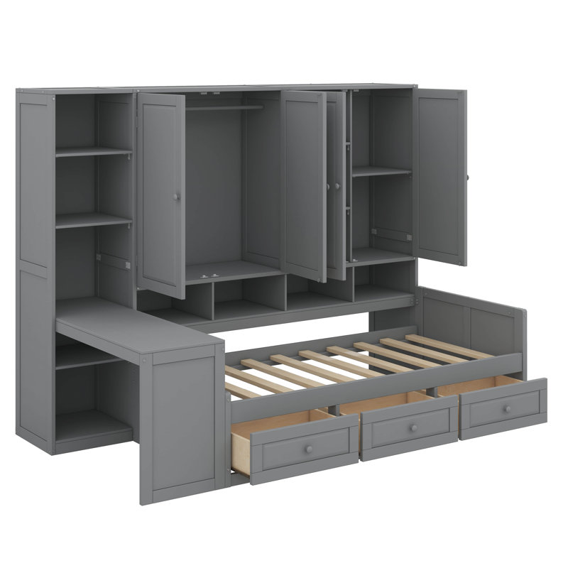 Lit de jour en bois avec trois tiroirs, rangement complet, bureau et étagères, gris, Lit simple