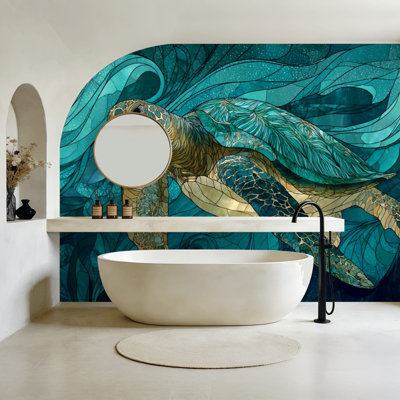 Papier peint auto-adhésif style vitrail sous-marine vitrail tortue de mer sarcelle saphir corail murales H 100 po x l 144 po papier mural amovible en PVC auto-adhésif pour le salon de la chambre bureau à domicile
