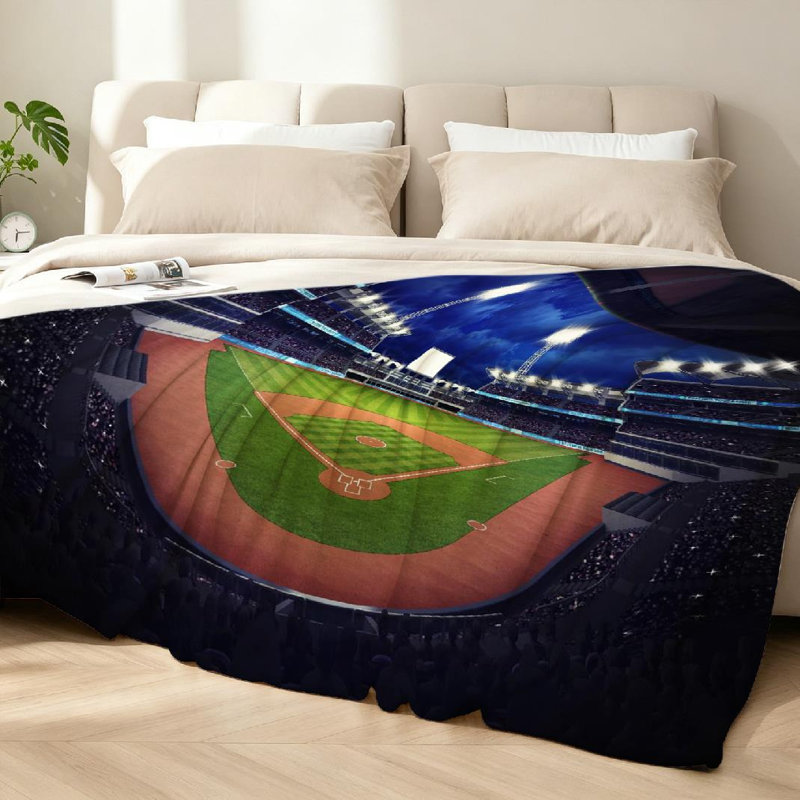 Jeté en flanelle orange ultra doux en molleton, stade de baseball avec imprimé recto, Twin 60" x 80"