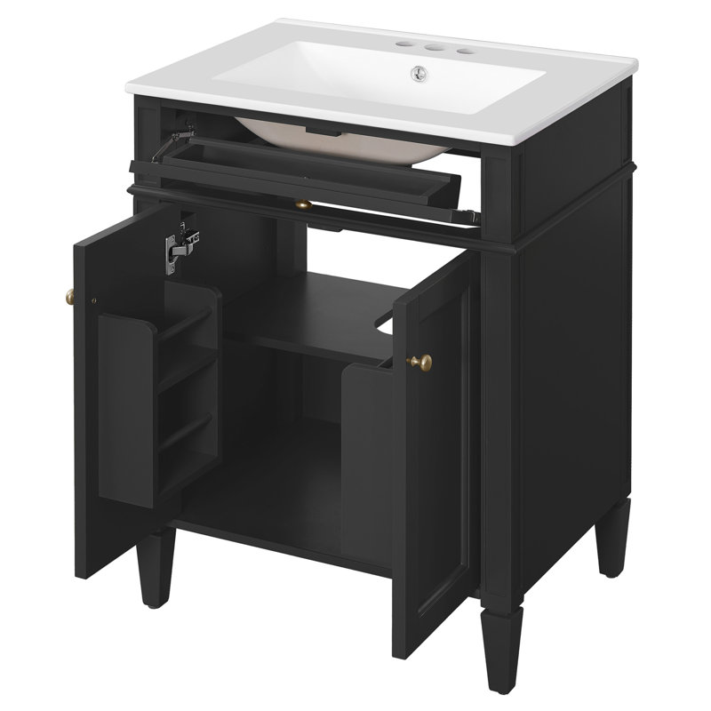 Meuble-lavabo de 24 po avec 2 portes, tiroir basculant et lavabo de conception moderne pour les espaces, structure en bois massif, lavabo à tablettes de rangement réglables, tiroir pratique et élégant, fermeture d'armoire silencieuse, cuve en céramique