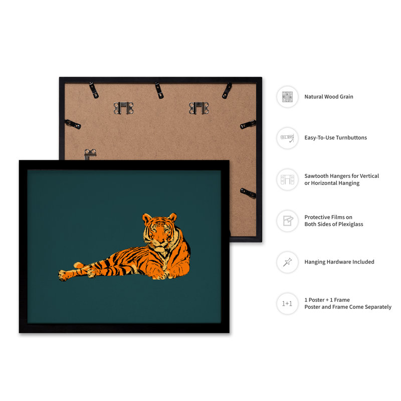 Tigre couché n ° 1, Cadre noir, Affiche, H 16 po x l 20 po