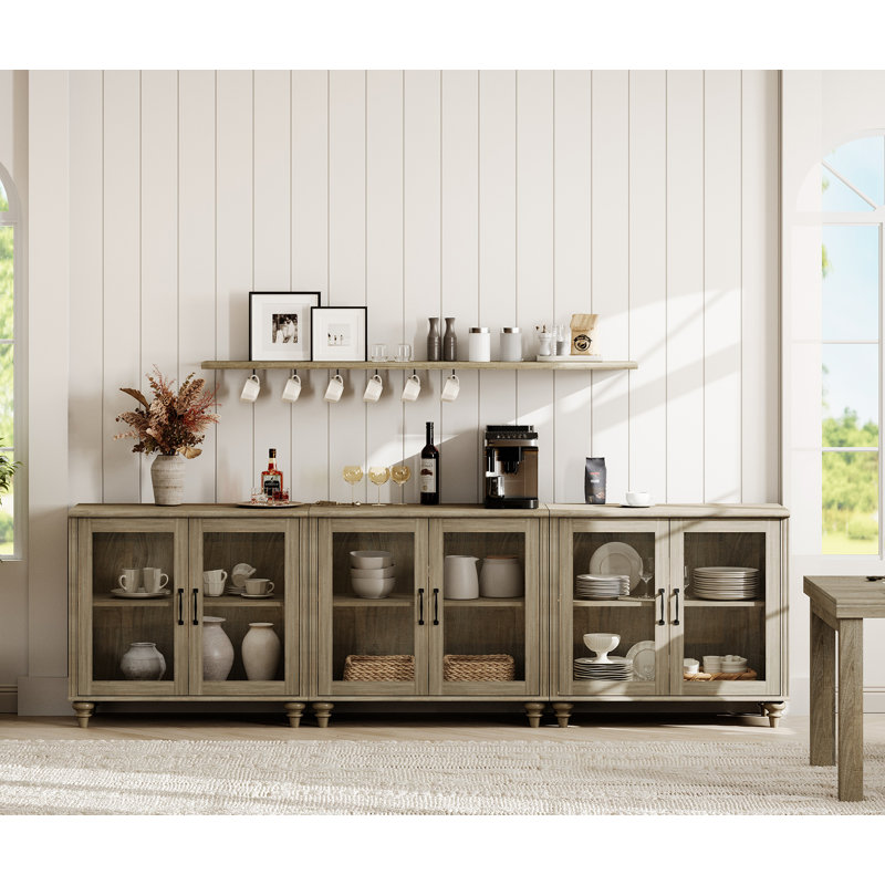 Buffet Corretta avec 6 portes en verre, armoire Buffet avec tablette réglable, Gris délavé