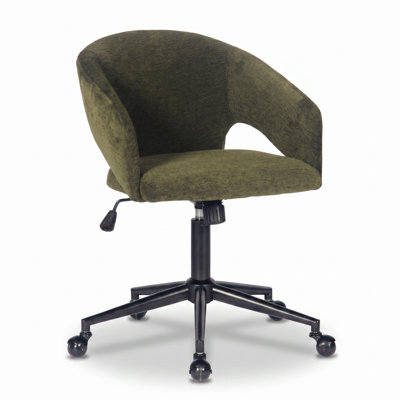 Mid-Century Two-Tone Office Chair Faux Leather & Fabric Upholstered Swivel Desk Chair With Thick Cushion Height Adjustable Rolling Task Chair With 360°Ball Caster & Black Metal Base, For Home Office, Vanity