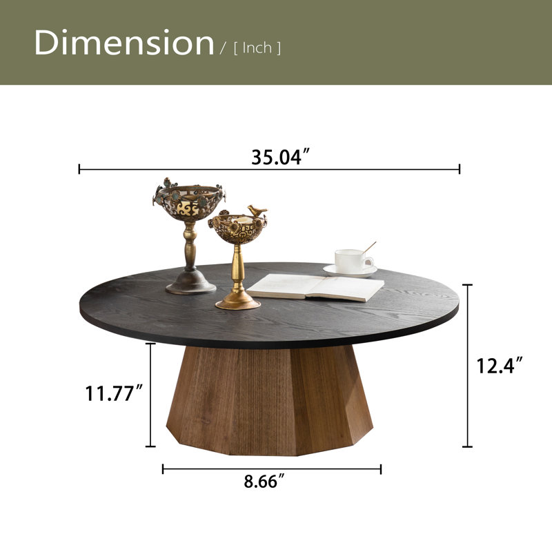 Table basse ronde en bois à piédestal robuste pour salon facile à assembler, H 12,4 po x L 35,04 po x l 35,04 po