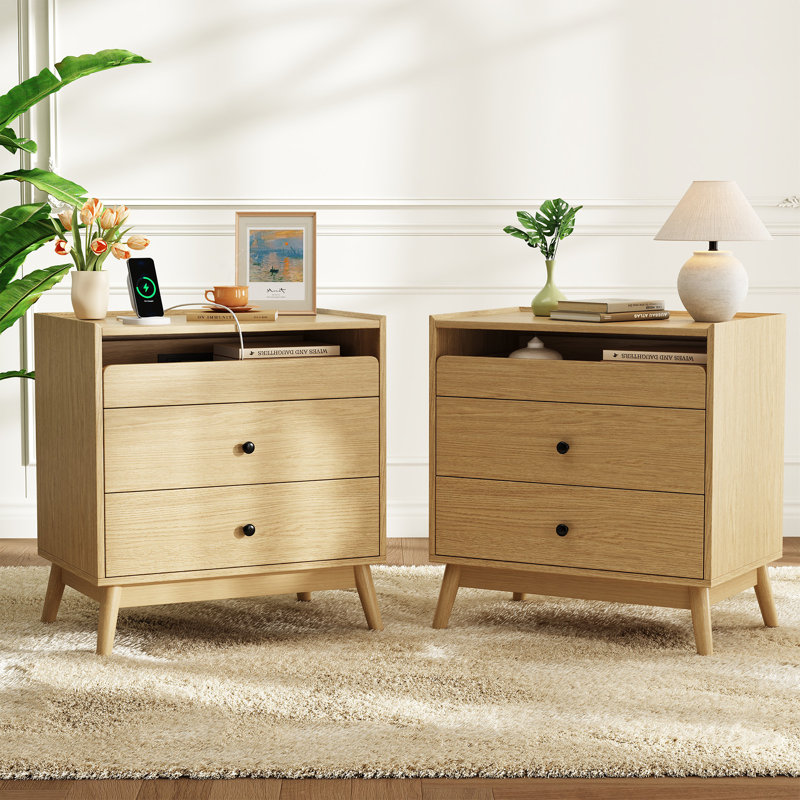 Table de chevet Adkins 24" L à 3 tiroirs avec station de recharge, tablette de rangement ouverte et pieds en bois massif (ensemble de 2)