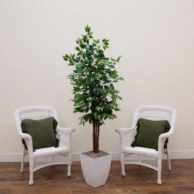 6 pi. Ficus artificiel à double tige dans un pot de fleurs en métal blanc