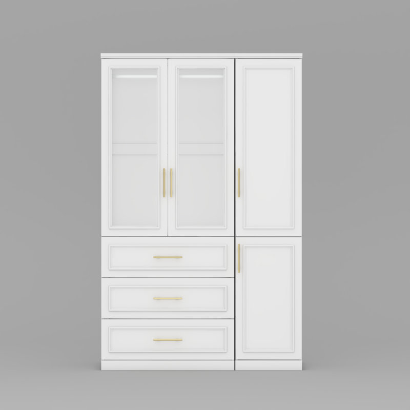 Armoire à trois portes avec panneaux de verre, poignées dorées et beaucoup de rangement - Design moderne avec deux tringles et tiroirs