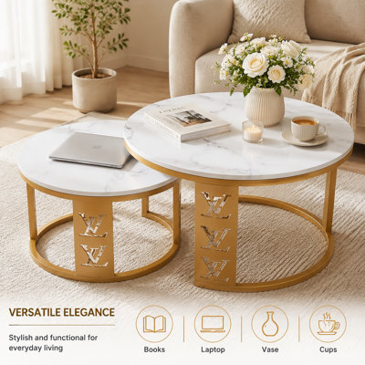 Nesting Coffee Table Set of 2, Faux Marble Top & Gold Metal Frame, Space-Saving Modern Living Room Tables