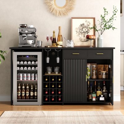 Sideboard With Fridge Space, 69.01" Mini Fridge Cabinet,Long Coffee Bar Cabinet Wine Liquor Cabinet Buffet With Wine Rack Drawer Power Outlet For Kitchen Dining Room, Home Bar Black 12037D61AACA4EC7B06AC2E753C50EC4