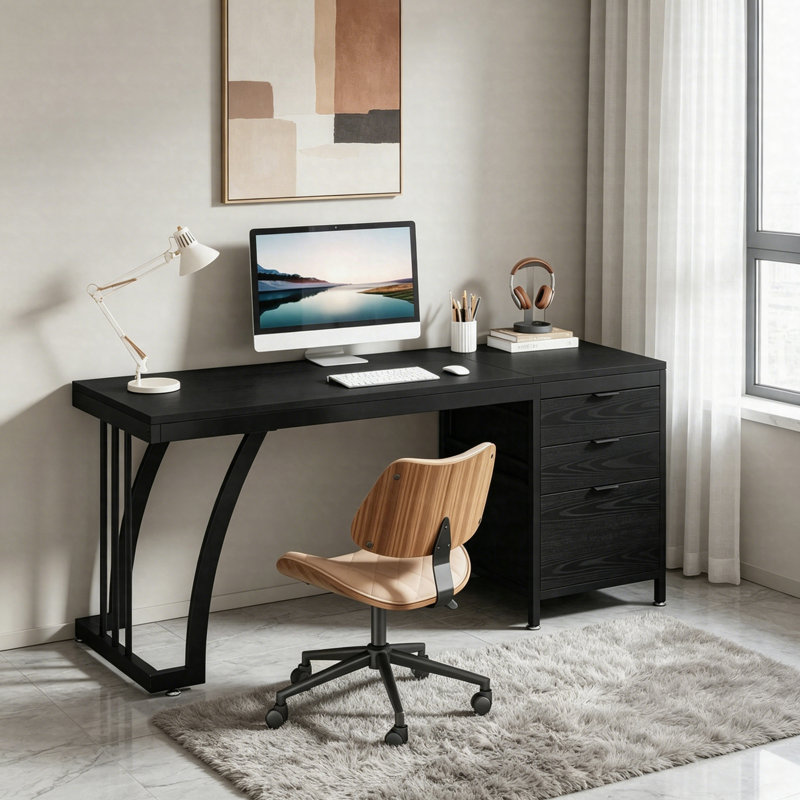 Industrial Computer Desk 59", Study Desk With Reversible Drawer Cabinet And File Storage, Black