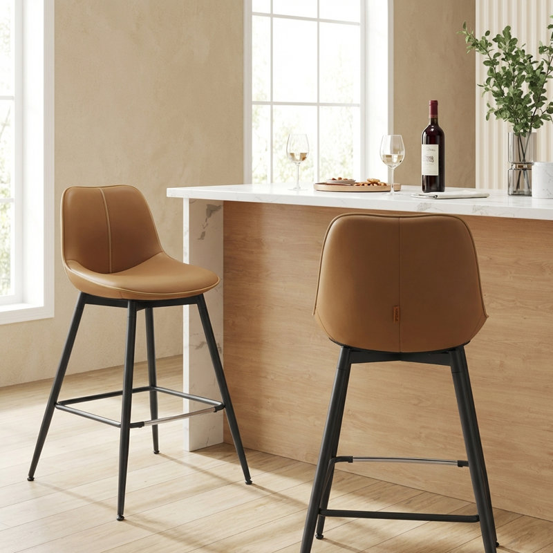 Borna 17.7''W x 15.7''D Mid-Century Faux Leather Bar Stools/ Counter Stools with Steel Frame & Footrest, Caramel Brown