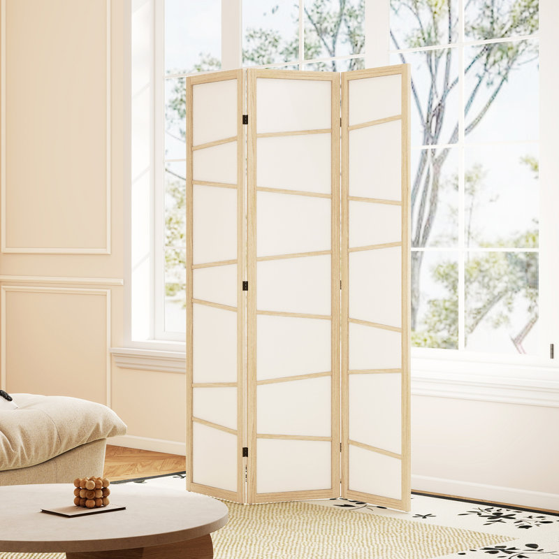 Folding Room Divider, 3 Panel Privacy Screen, Natural Wood