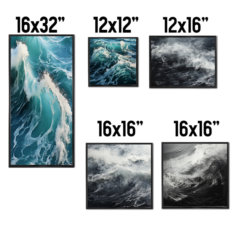 Tempête de vagues noires et blanches - océan, ensemble de 5 impressions sur toile, Cadre flottant noir