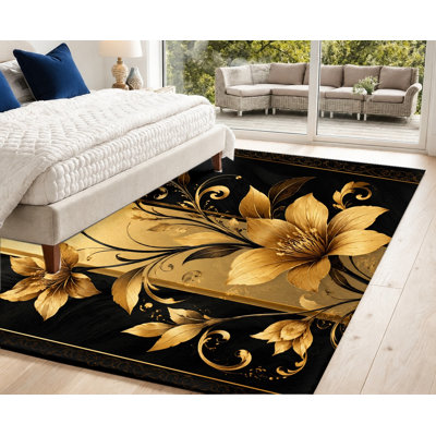 Tapis lavable de luxe noir et or à motif floral, style baroque vintage, surface en velours, doux et antidérapant, décoration intérieure moderne pour salon, chambre, entrée, bureau, balcon, appartement