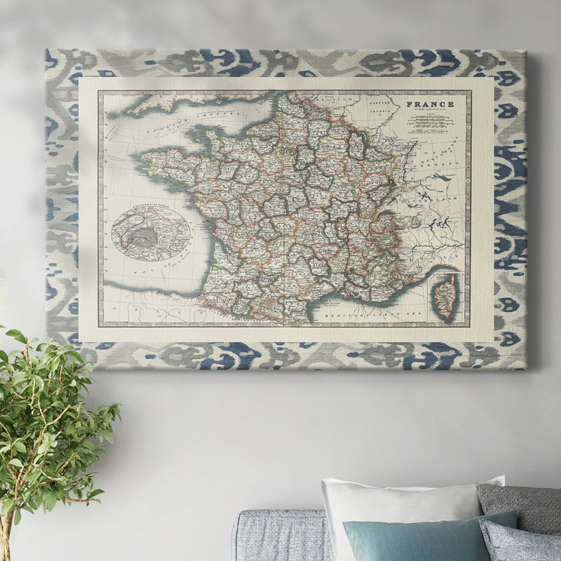 Carte bordée de la France - Toile tendue avec châssis, H 12 po x l 18 po