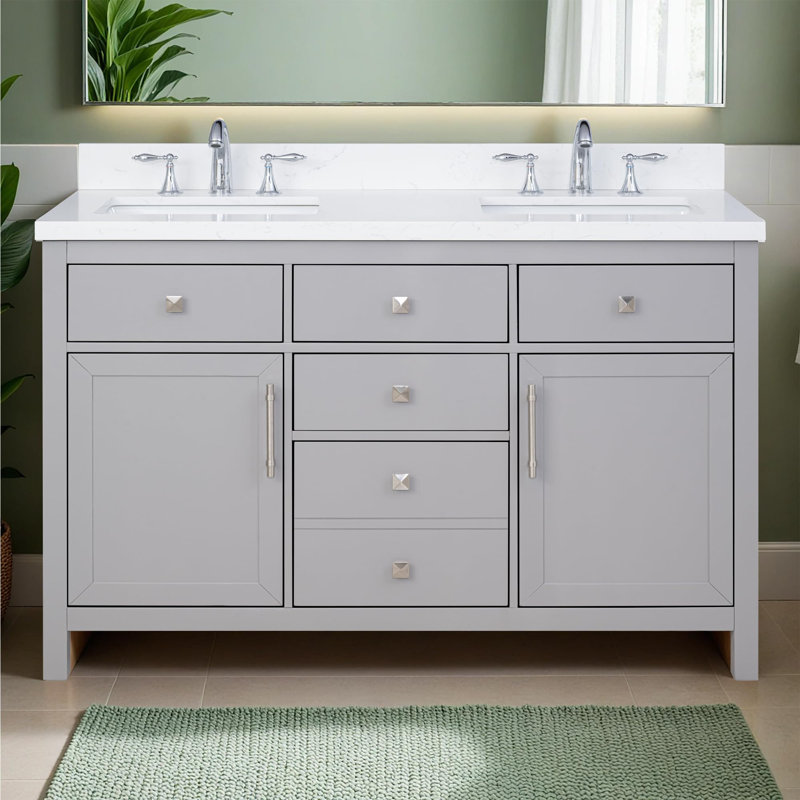 Lavanti Oakford 54 Inch Bathroom Vanity with Sink – 100% Premium Solid Wood, Stylish Grey Vanity Bathroom with Storage Cabinet – Modern Bathroom Vanities with Double Vanity Sink & 1.5" Quartz Countertop
