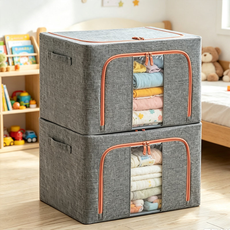Hokku Designs, corbeille décorative en tissu, 2 paquets de bacs de rangement de vêtements avec cadre en métal pliable, gris