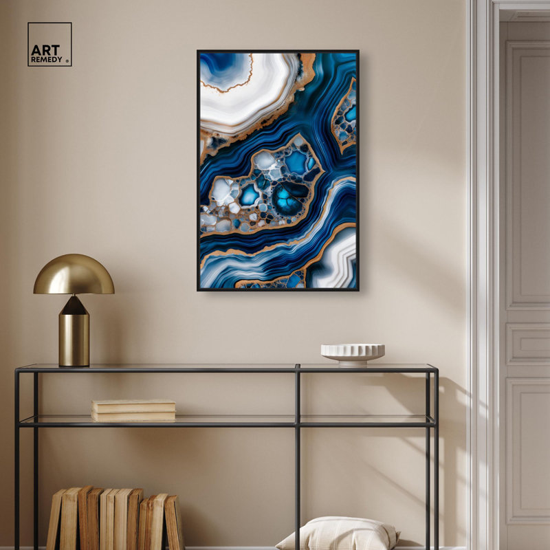 «Azure Alveoli I», art mural géode bleue par , H 31 po x l 21 po, Cadre flottant noir