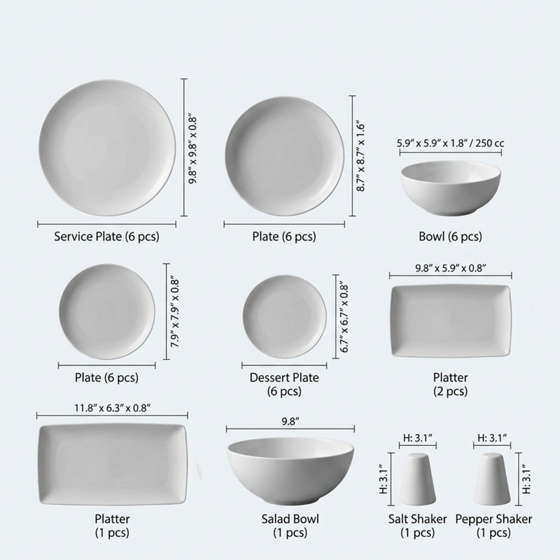Service de table en porcelaine blanche matelassée Diamond (service de 36 pièces pour 6 personnes)