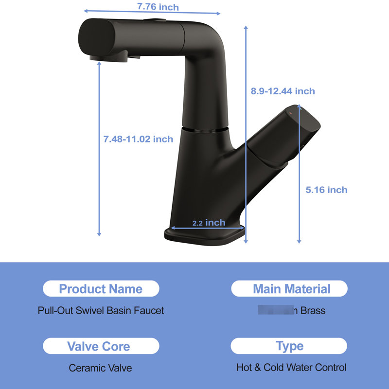 Matte Black Stainless Steel Pull - Down Bathroom Faucet With Three Spray Patterns, Adjustable Height, And Cold/Hot Control , Water Flow Types, Flexible Spout, Easy Temperature Regulation