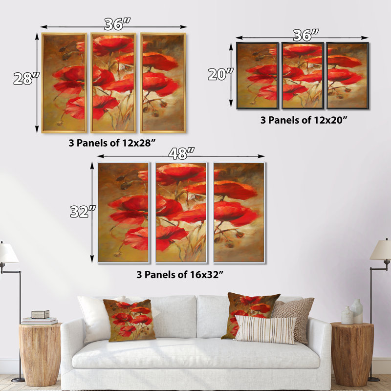 «Red Blossoming Poppies IV», peinture sur toile 3 pièces, Noir, H 28 po x l 36 po