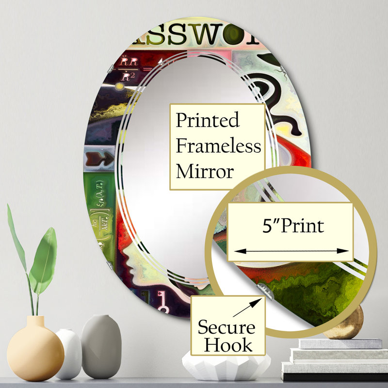 Formes abstraites en vert rouge et noir - Miroir mural transitionnel ovale, 30 po x 20 po