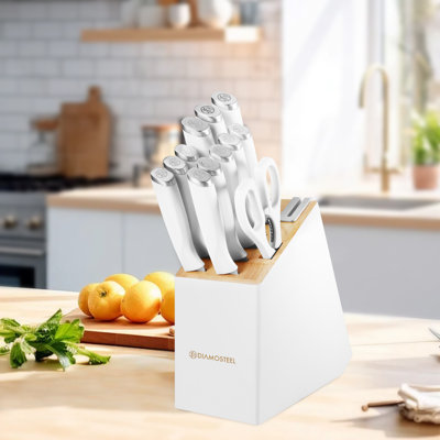 Diamosteel White Knife Set, 13 Pieces Knife Block Set With Built-In Sharpener Scissors For Kitchen Meat & Vegetable Cutting, Dishwasher Safe Knives Set Present For Family & Restaurant